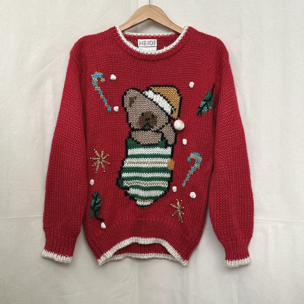 Heidi‎ Knitted By Hand Christmas Novelty 3D Sweater Teddy Bear Womens L Red Vtg